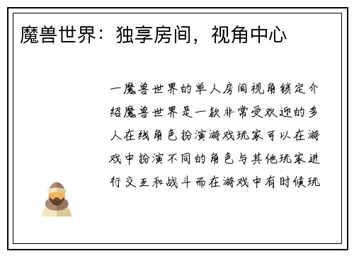 魔兽世界：独享房间，视角中心